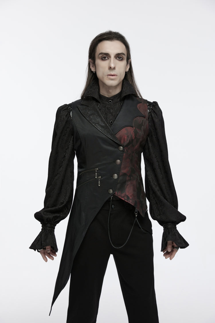 Black V Collar Sleeveless Embroidery Lace Asymmetric Men's Gothic Vest