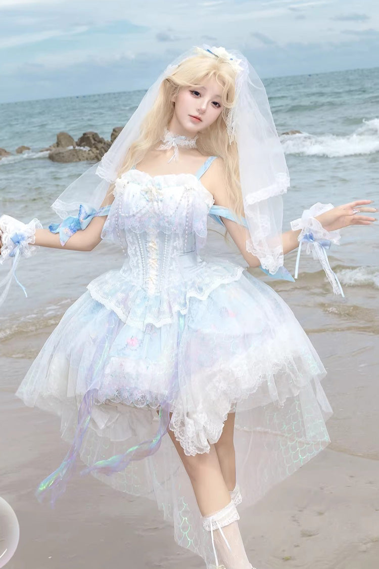 Sea Blue [Mermaid’s Tears] Sleeveless Ombre Printed Hanayome Pearl-Decorated Sweet Lolita Jsk Dress Set