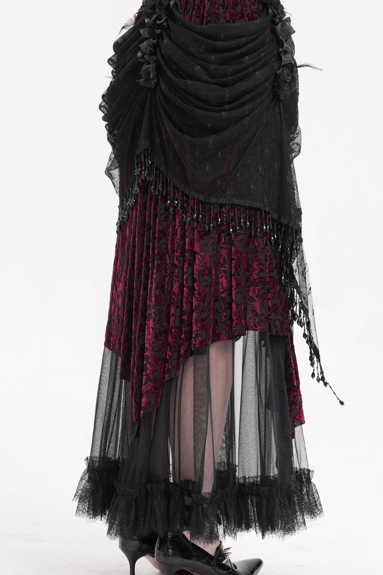 Black/Purple Tassels Mesh Women's Gothic Long Skirt
