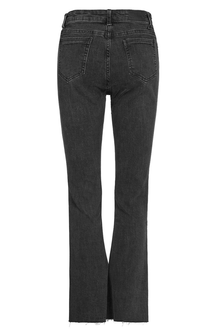 Schwarze, enge, elastische, zerrissene Jeanshose mit asymmetrischer Knopfleiste und mittlerer Taille für Damen im Punk-Stil