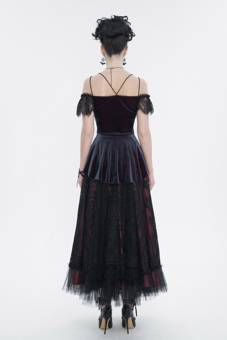 レッド ストレッチ ベルベット アイラッシュ レース 半袖 ワンショルダー レディース ゴシック ストラップ T シャツ