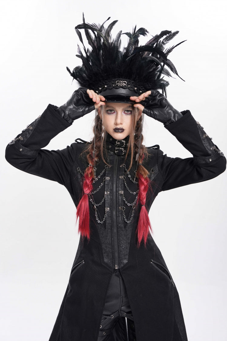 Schwarzer Damen-Punk-Hut mit coolem Totenkopf und gefiederter Kette