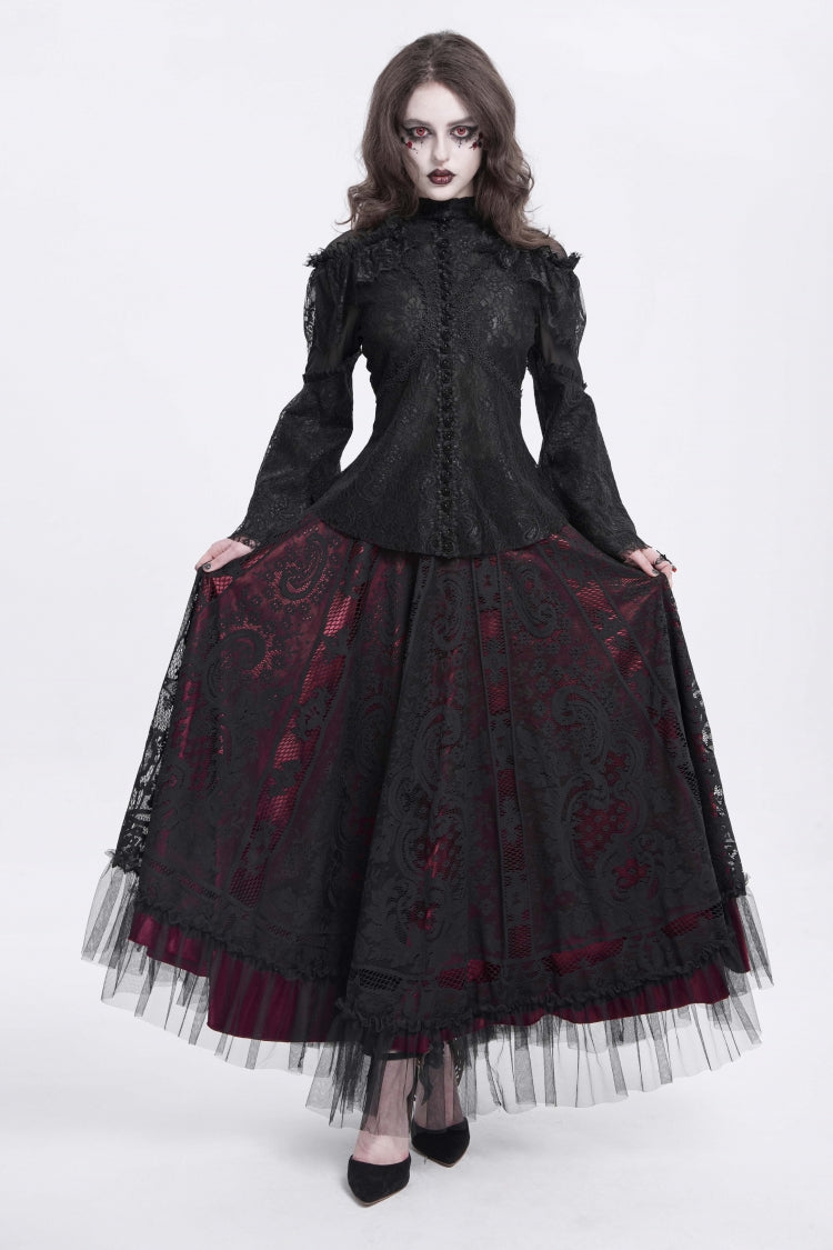 Black Stand Collar Long Trumpet Sleeves Embroidery Stitching Lace Women's Gothic Blouse