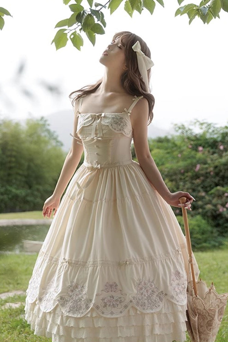 Abricot [Papillon Fantaisie] Robe Lolita Sweet Princess à Volants à Trois Couches avec Noeud Papillon Broderie en Dentelle Jsk 