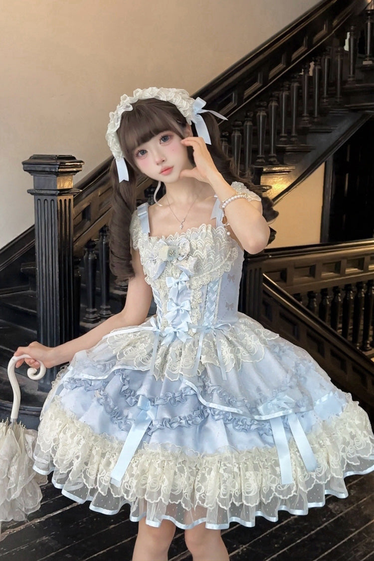Blue [Dreaming Butterfly] Multi-Layered Jacquard Ruffle Bowknot Lace Sweet Princess Lolita Jsk Dress