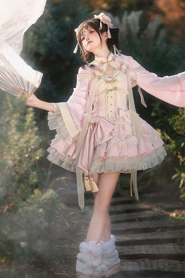 Rosa-weißes Pear Dream Mehrlagiges Rüschen-Spitzenkleid im chinesischen Prinzessinnen-Stil mit Lolita-JSK-Kleid