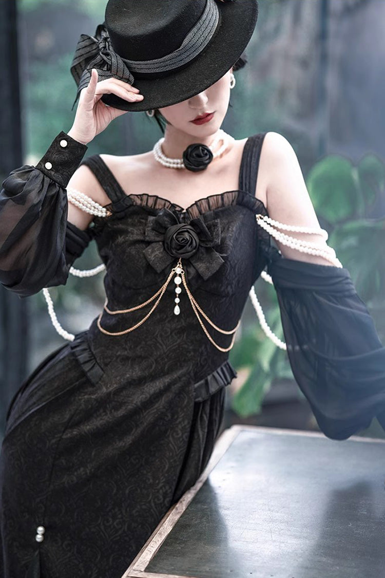 Black [Camellia 1.0] Sleeveless Jacquard Ruffle Lace Gothic Chinese Style Lolita Jsk Fishtail Dress