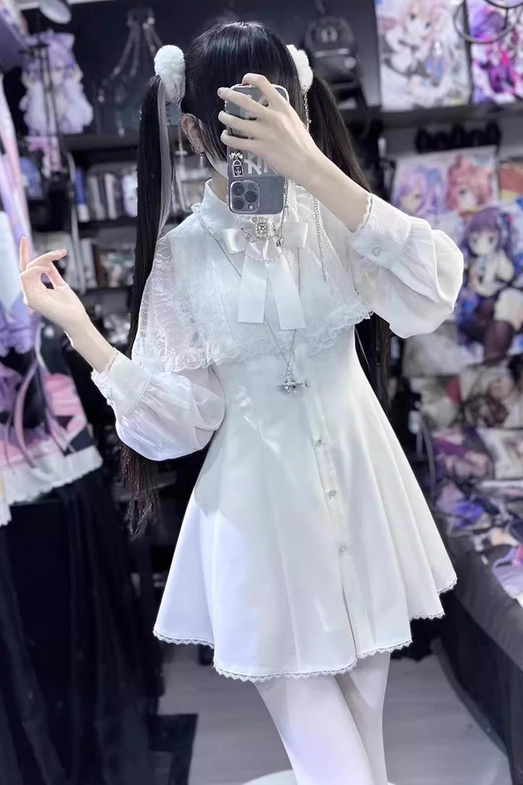 White Shawl Lace Chiffon Long Sleeves Lace Slim Jirai Kei Dress