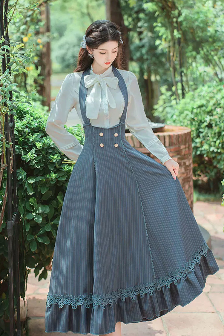 Blaues Bustier-Neckholder-Langarm-Set, gestreift, bedruckt, Schleife, Spitze, süßes, zweiteiliges Lolita-Rock-Set