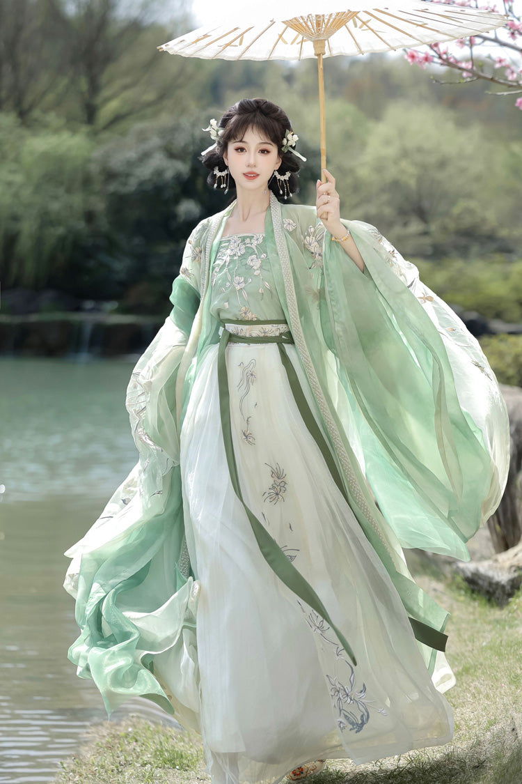 グリーン [Qingdie] 宋朝 フリル刺繍 スイート中国風 漢服ドレス フルセット 