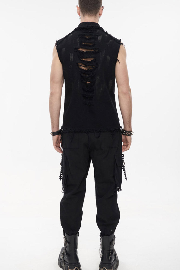 Black Punk Standing Collar Irregular Hand-Painted Sleeveless Metal Decoration Tattered Men's Shirt