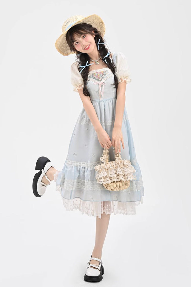 Blue Short Sleeves Embroidery Bowknot Lace Sweet Princess Lolita Dress