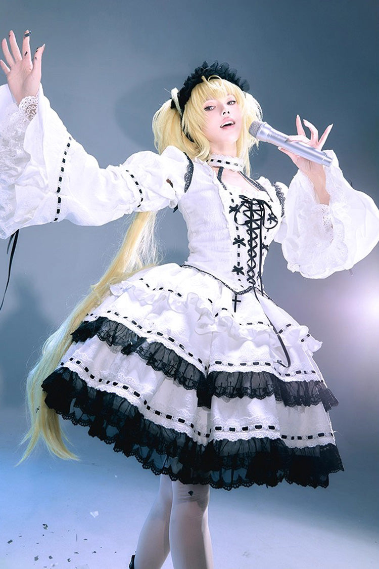 White [Witch] Long Trumpet Sleeves Double-Layered Ruffle Bowknot Lace-Up Gothic Lolita Skirt Dress Set