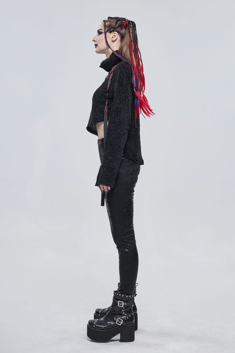 Black Texture Grainy Turtleneck Metal Buckle Through With Grommet Decoration Irregular Women's Punk Sweater