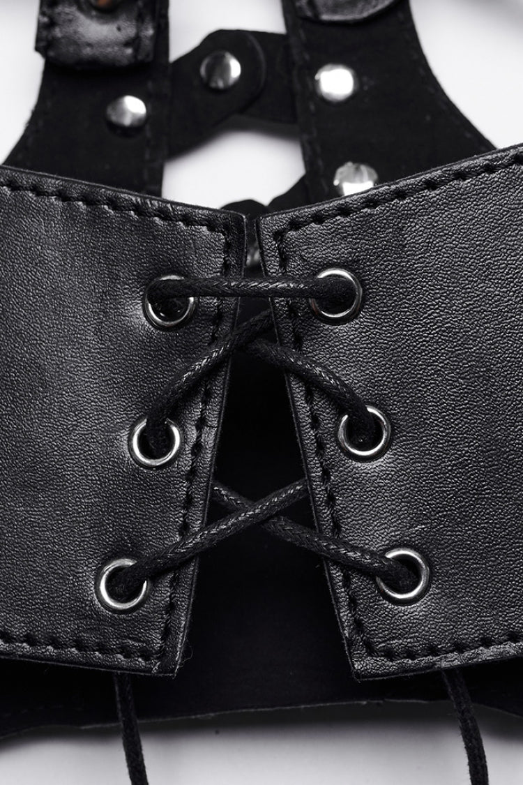 Black Faux Leather Hollow Lace-Up Detachable Women's Steampunk Lingerie