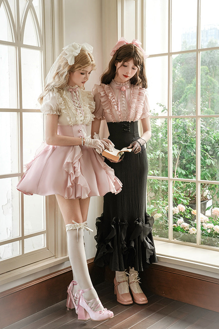 Pink/Black [Miss Lola] Stand Collar Short Sleeves Multi-Layered Ruffle Bowknot Sweet Lolita Mermaid Dress