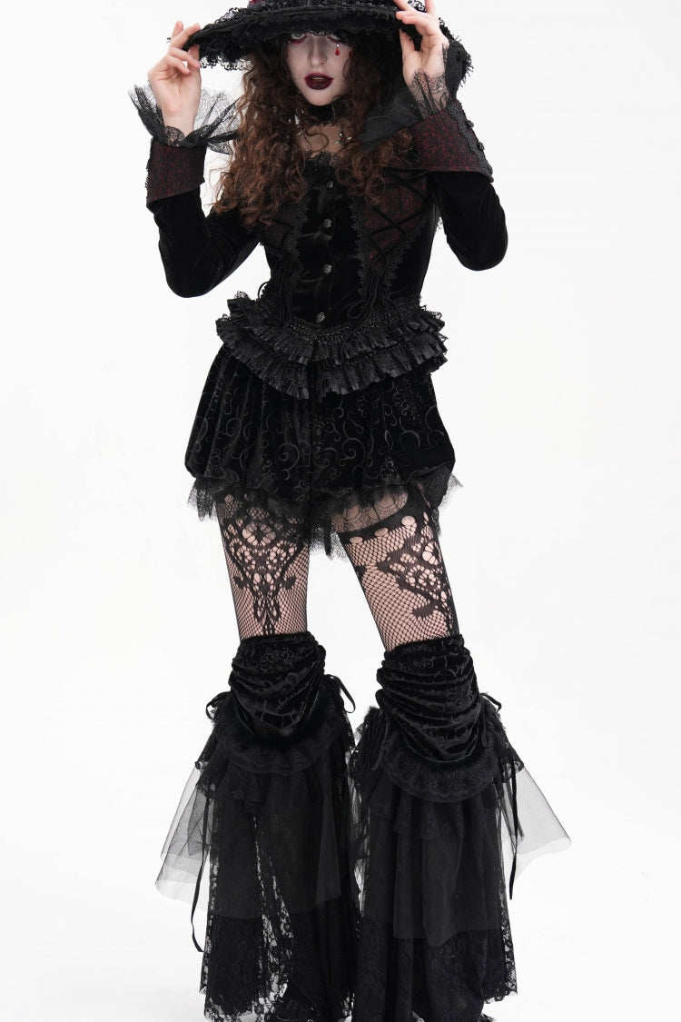 Schwarze Gothic-Bluse mit langen Ärmeln, Rüschen und Schnürung aus Netzstoff für Damen