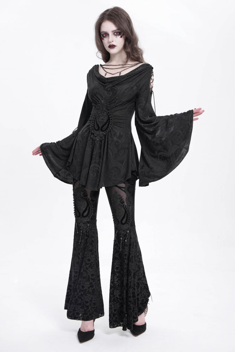 Black Hollow Floral Embroidery Women's Gothic Flared Pants