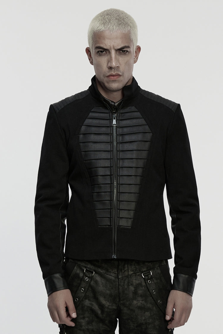 Black Stand Collar Long Sleeves Zipper Pleated Men's Punk Jacket