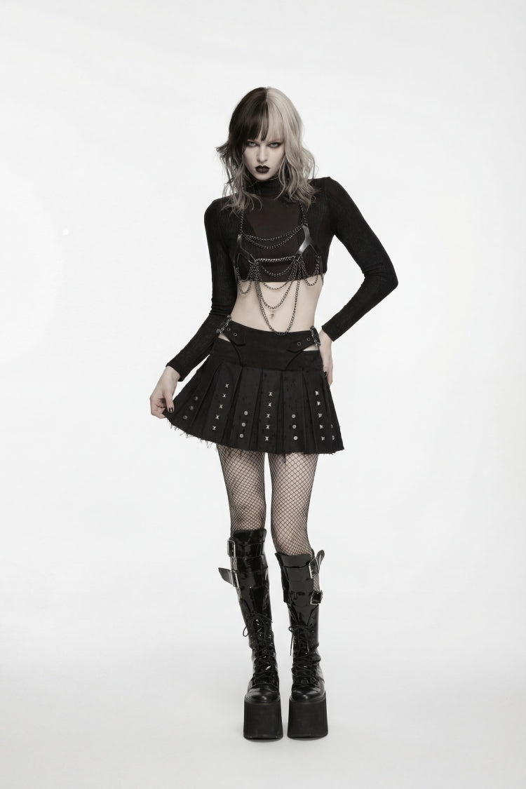 Black Patchwork Studded Pleated Women's Punk Preppy Style Skirt