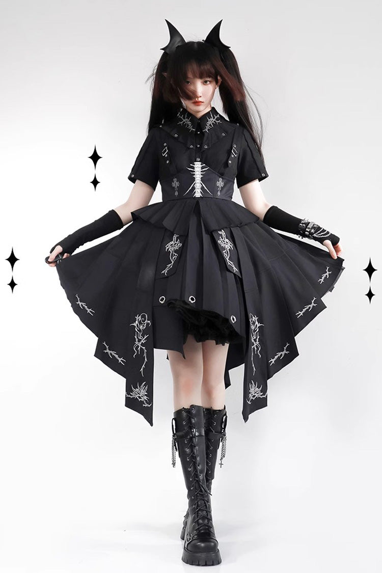 Schwarzes, kurzärmliges Lolita-Kleid mit Print im Gothic-Stil von Travelling Thorns