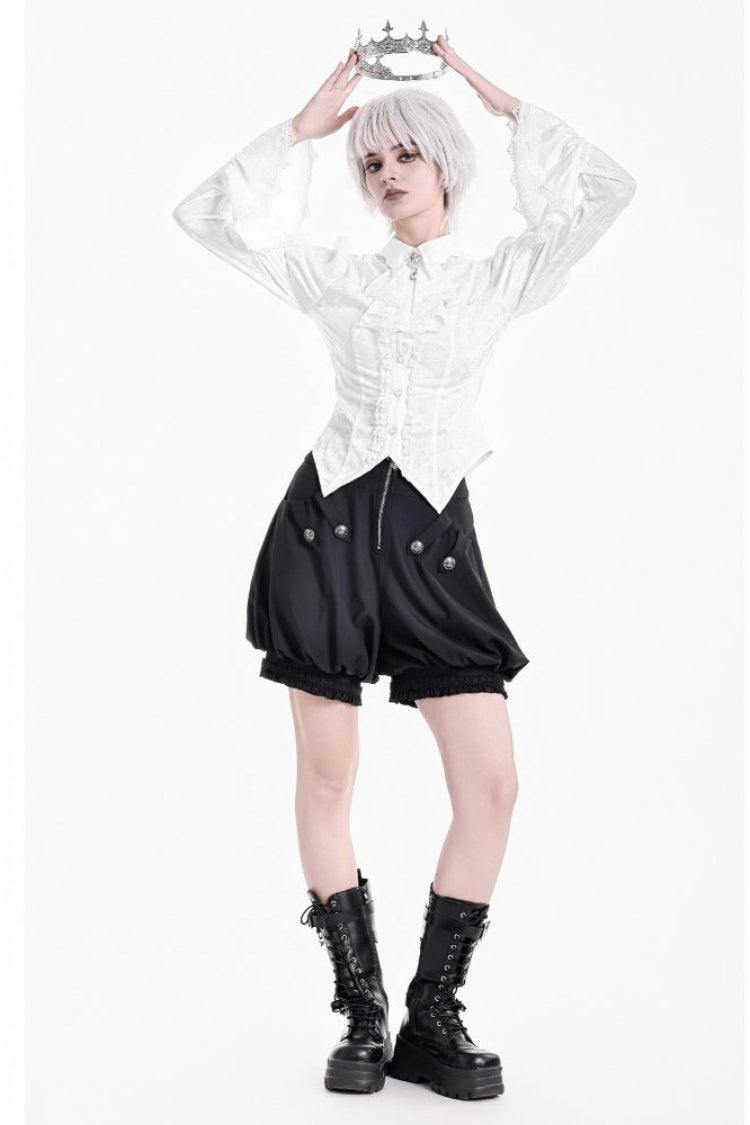 Weiße Jabot-Bluse im viktorianischen Gothic-Stil für Damen mit spitzem Kragen, langen Puffärmeln und gerüschtem Spitzenbesatz