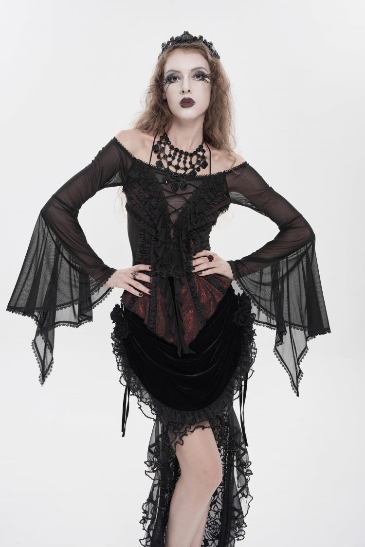 ブラック/レッド オフショルダー ロング トランペット スリーブ フリル 刺繍 レースアップ レディース ゴシック ブラウス