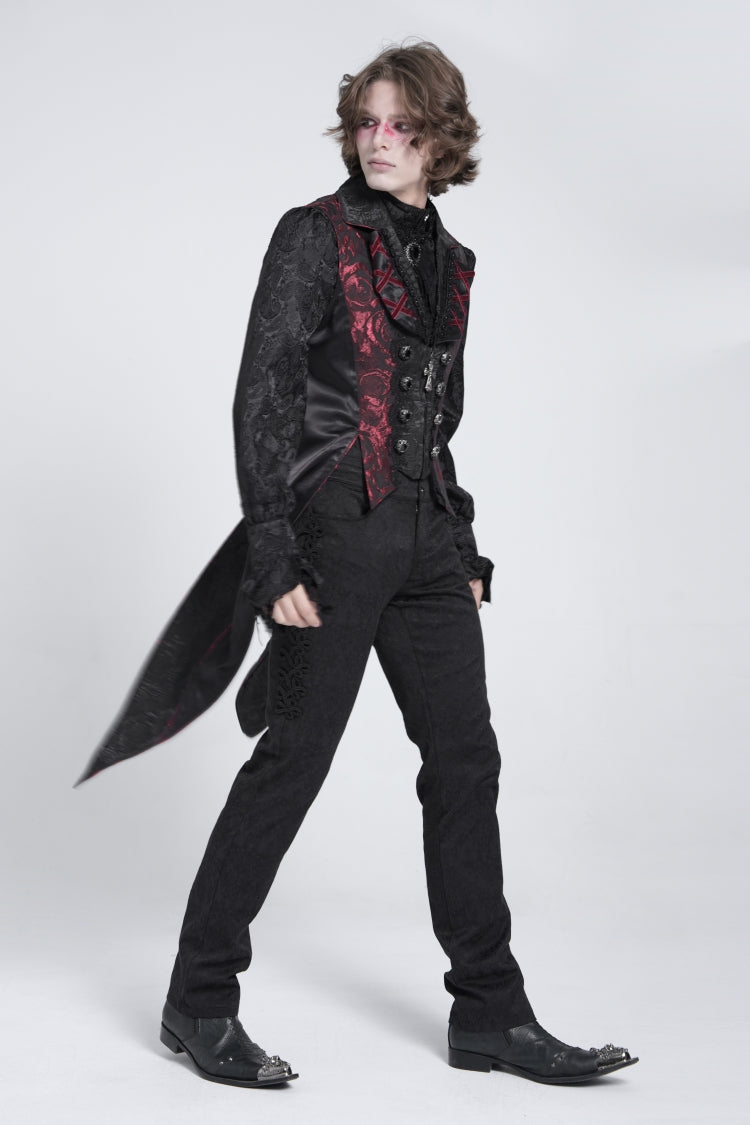 Gilet gothique à queue d'hirondelle pour homme sans manches noir/rouge avec laçage et fermeture éclair 