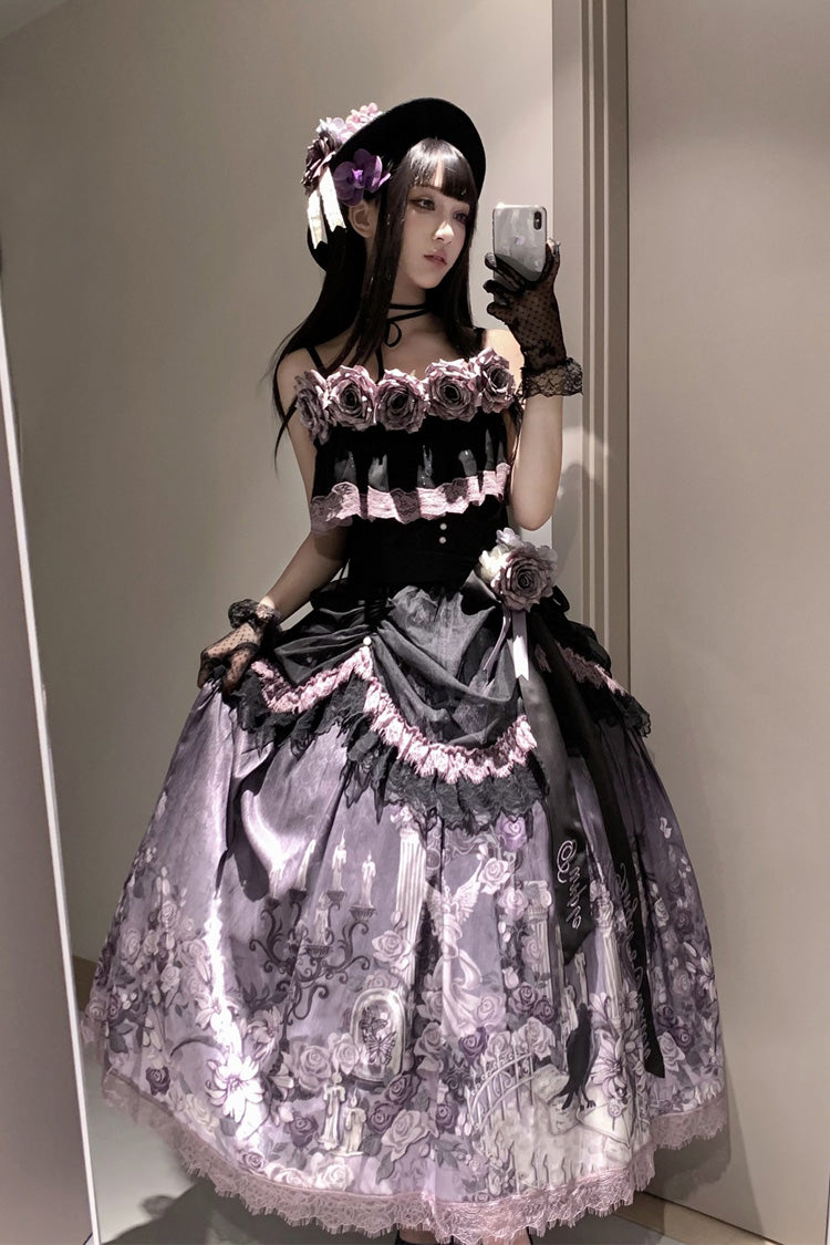 Black/Purple [Angel Garden] Sleeveless Print Ruffle Bowknot Lace Sweet Gothic Lolita Skirt Set