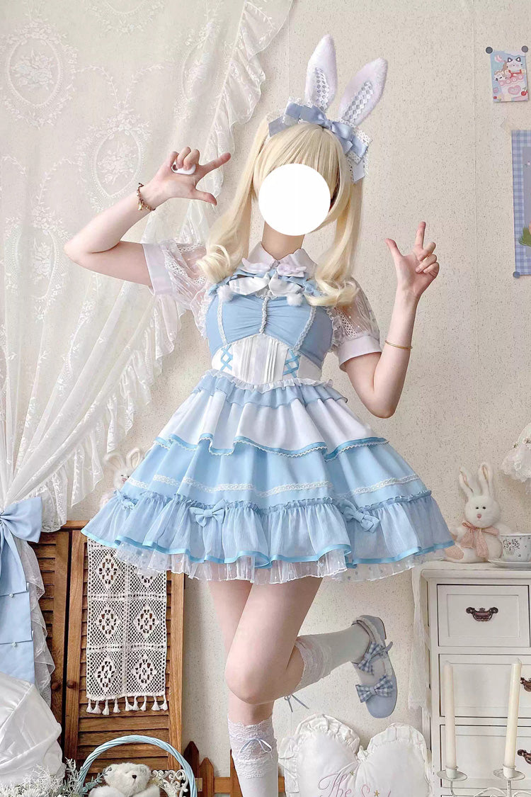 Blue/White [Cotton Cloud] Lapel Collar Ruffle Bowknot Lace-Up Sweet Lolita Jsk Dress