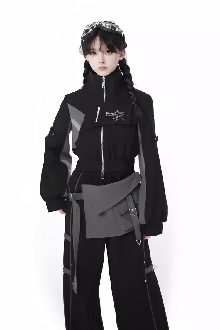 Schwarz [Holographic Cruise] Techwear-Set aus langärmligen, gespleißten Gothic-Jirai-Kei-Hosen und kurzen Mänteln mit Reißverschluss