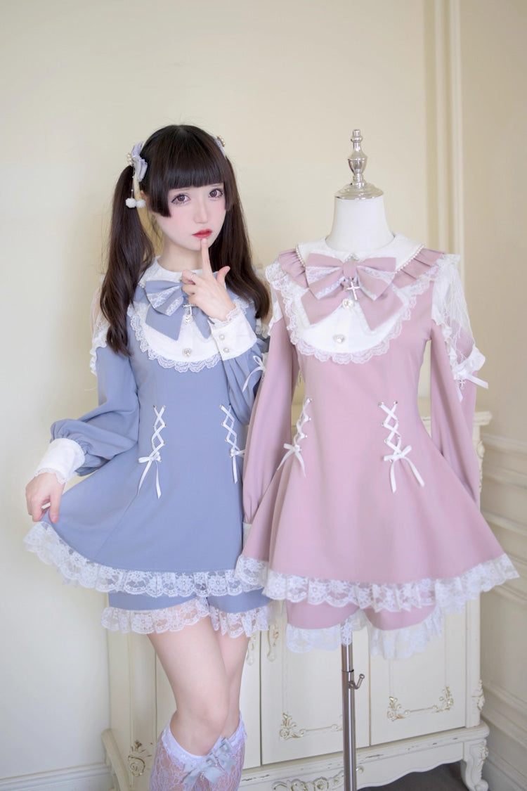 Grey/Blue [Divine love] Long Sleeves Hollow Bowknot Lace Lace-Up Sweet Jirai Kei Dress Shorts Set