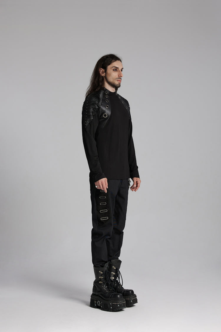 Black Round Collar Long Sleeves Mesh Pleated Loop Men's Punk Blouse