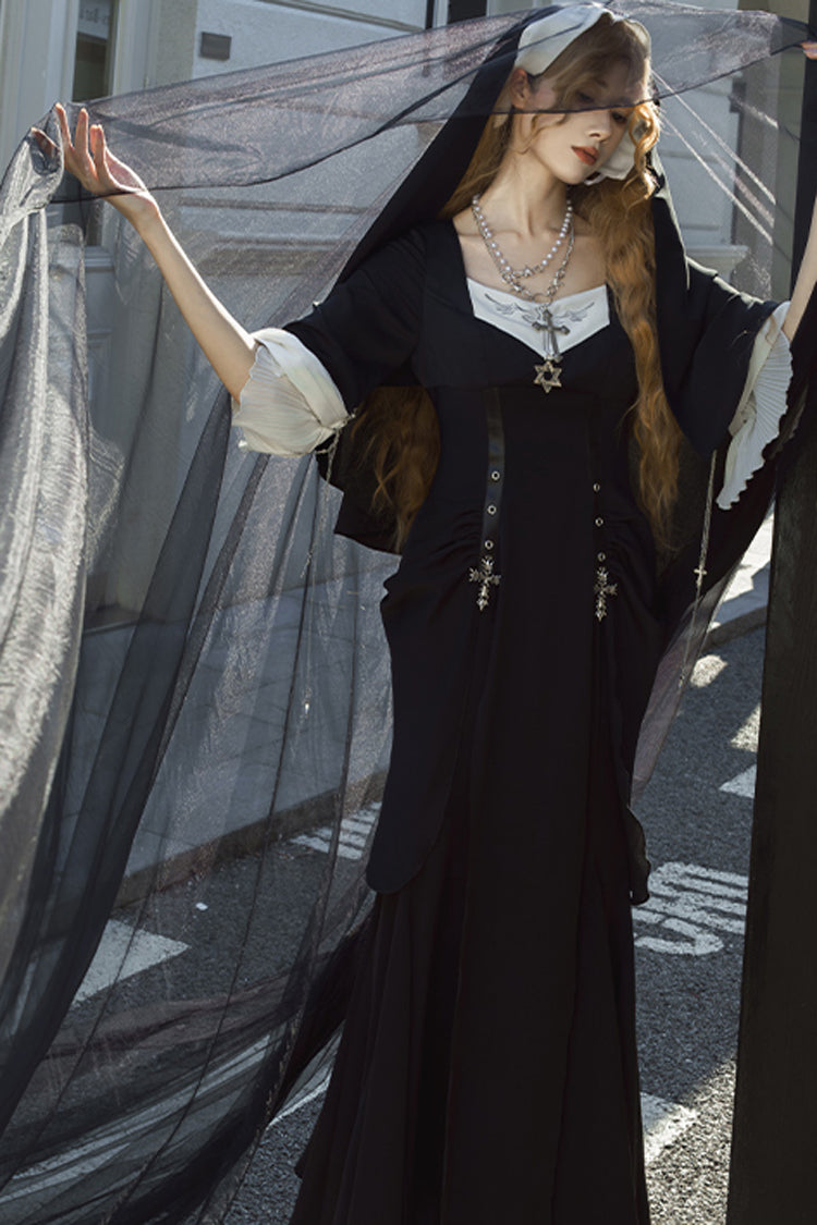 Black [Halloween Night Temple Nun] Short Sleeves Print Ruffle Gothic Elegant Lolita Dress