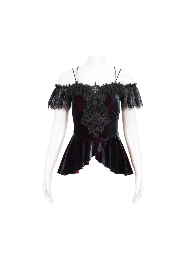 レッド ストレッチ ベルベット アイラッシュ レース 半袖 ワンショルダー レディース ゴシック ストラップ T シャツ