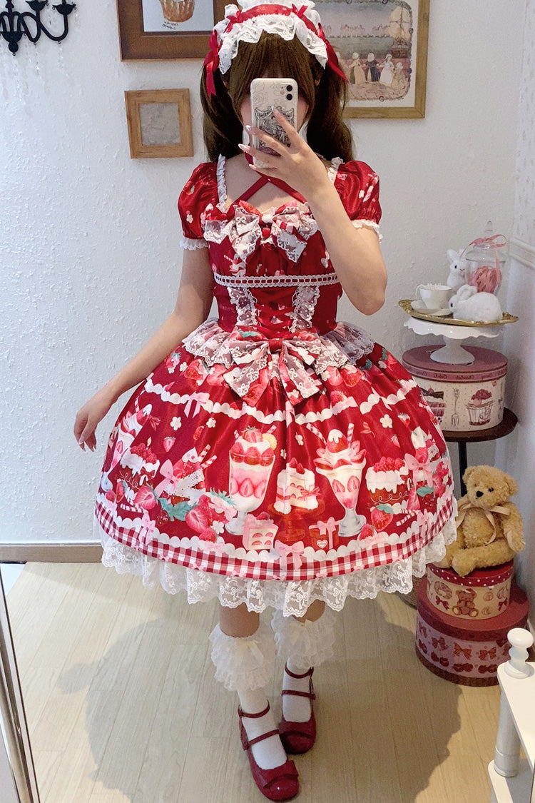 Red [Strawberry Parfait] Print Short Sleeves Ruffle Bowknot Lace Lace-Up Sweet Lolita Dress