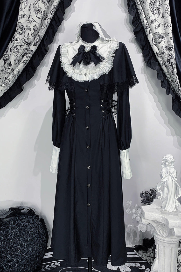 黒/白【Silent Prayer】長袖フリルリボンレースアップゴシック地雷系ロングドレス