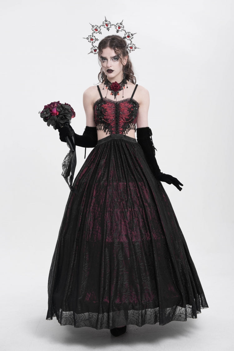 Rotes Jacquard-Kleid mit Blumenstickerei, zerrissene Gothic-Party-Unterkleid für Damen 