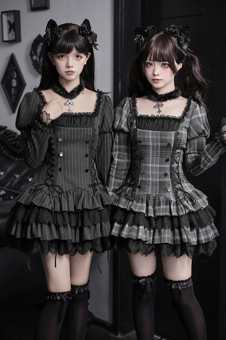 Schwarzes, quadratisches Ausschnitt, lange Puffärmel, Bustier, hohe Taille, kariert, gestreift, Rüschen, Schnürung, süßes Gothic-Minikleid für Damen