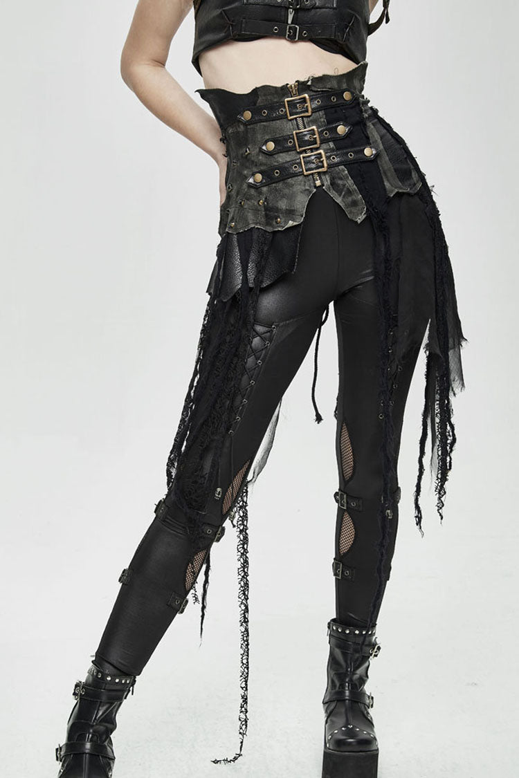 Black Vintage Leather Patchwork Distressed Belted Irregularly Lace Hem Women's Punk Half Skirt