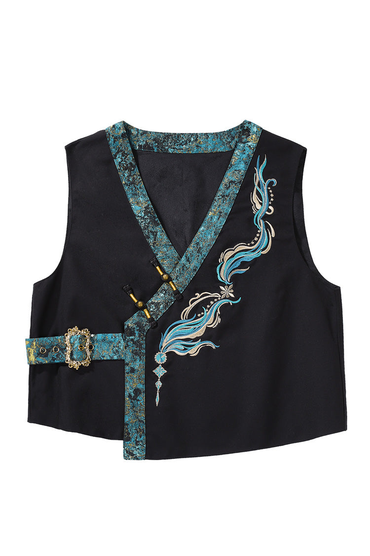 Schwarz/Grün Rundhals Langarm Rüschen Stickerei Chinesischer Stil Vintage Hübsches Ouji Lolita Set 