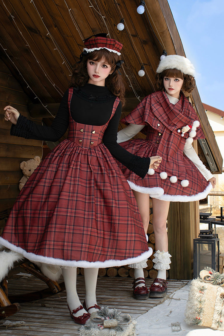 Red Striped Plaid Print Fall Winter Fishbone Sweet Corset Lolita Dress 2 Versions
