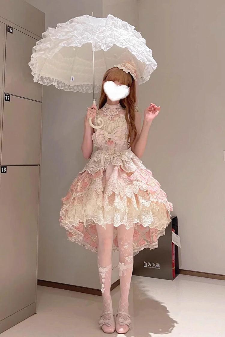 Pink [Peacock Feather] Multi-Layered Ruffle Hanayome Cardigan Bowknot Lace Sweet Lolita Jsk Dress Set