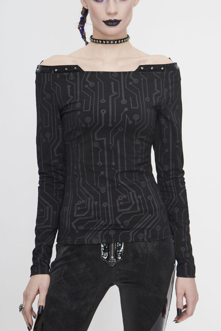 Black Printed Circuit Board Pattern Off-Shoulder Leather Strip Rivet Tight Women's Punk T-Shirt