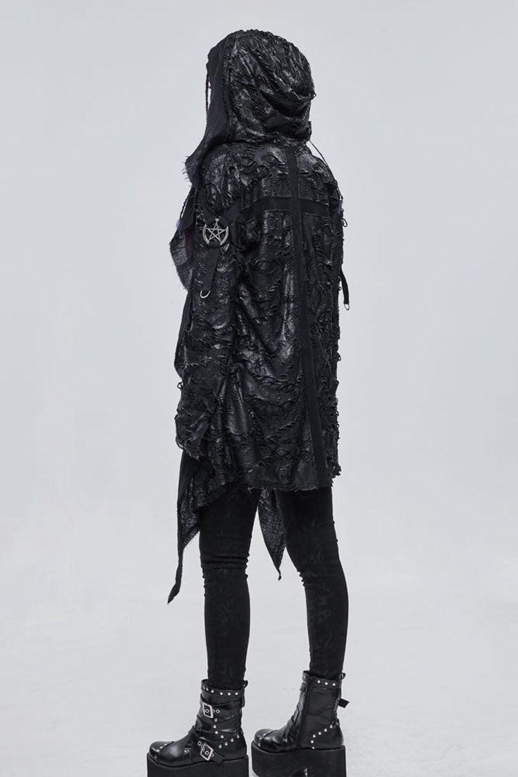 Black Punk Diablo Hole Design Cross Shape Stitching Transparent Mesh Metal Decoration Knitted Women's Coat