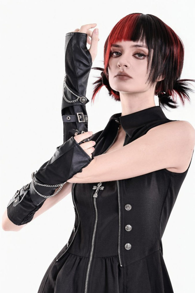 Black Women's Punk Buckled Chain-Decorated Long Gloves