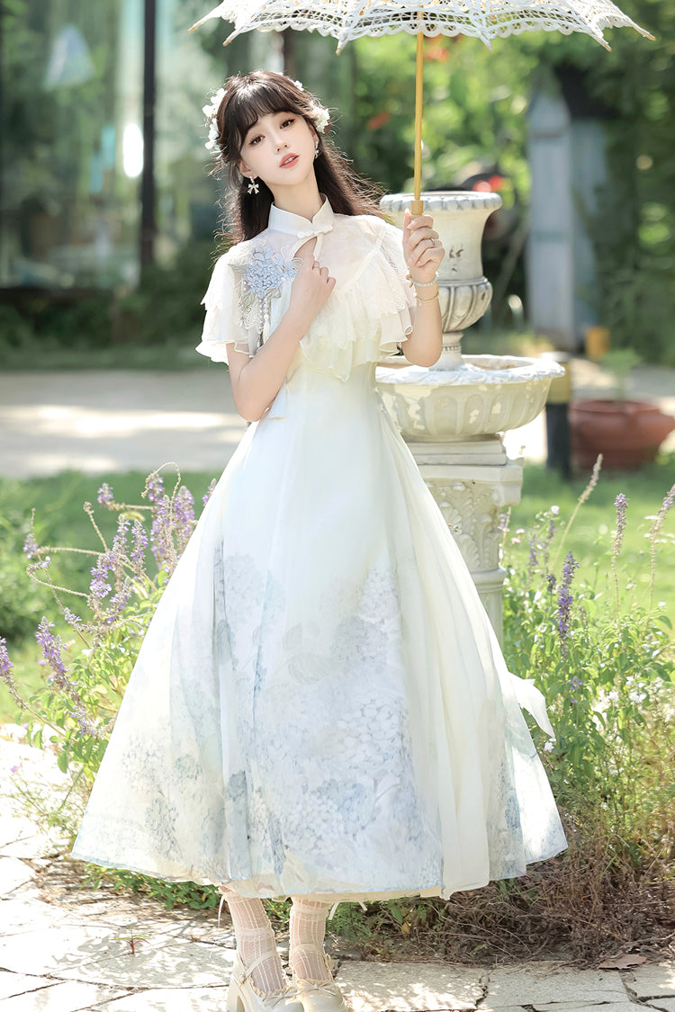 Robe Lolita élégante de style chinois doux avec manches courtes imprimées, volants en dentelle et message d'hortensia blanc 
