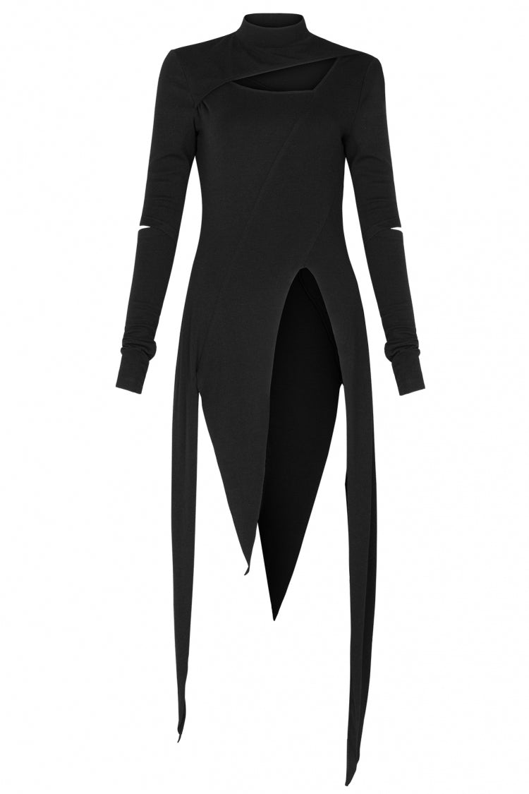 Black High Collar Long Sleeves Fitted Waist Asymmetric Cut-Out Draped Hem Women's Punk Dress