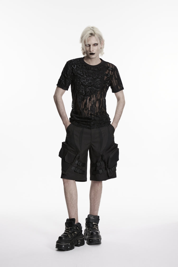 Schwarze coole Punk-Shorts für Herren mit Schnalle und großen Taschen