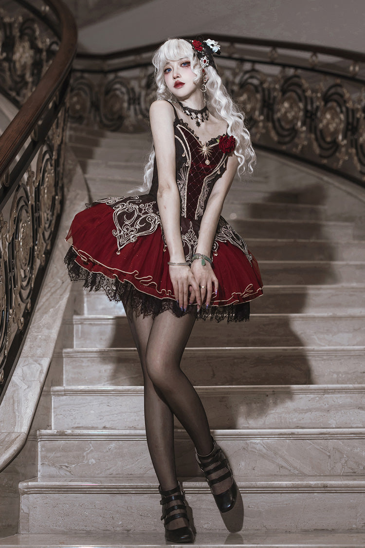 Schwarz/Rot [Blutclan-Fest] Rüschenstickerei Spitze Gothic Lolita Jsk Kleid Set 